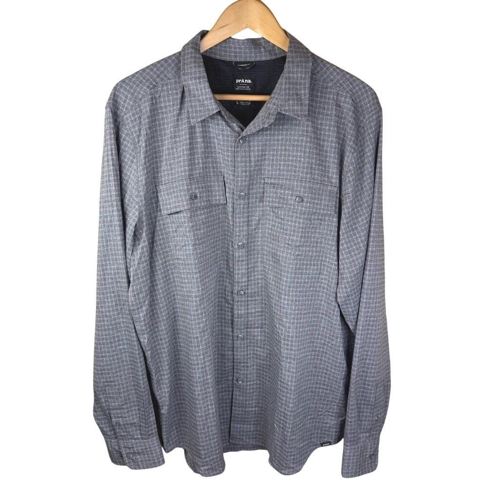 Prana Men's Garvan Size Large Outdoor Active Gray Hiking Long Sleeve Shirt‎